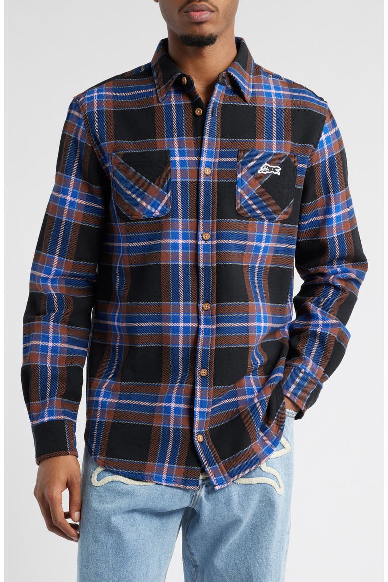 Big Drip Cotton Flannel Button-Up Shirt, Main, color, BLACK PLAID