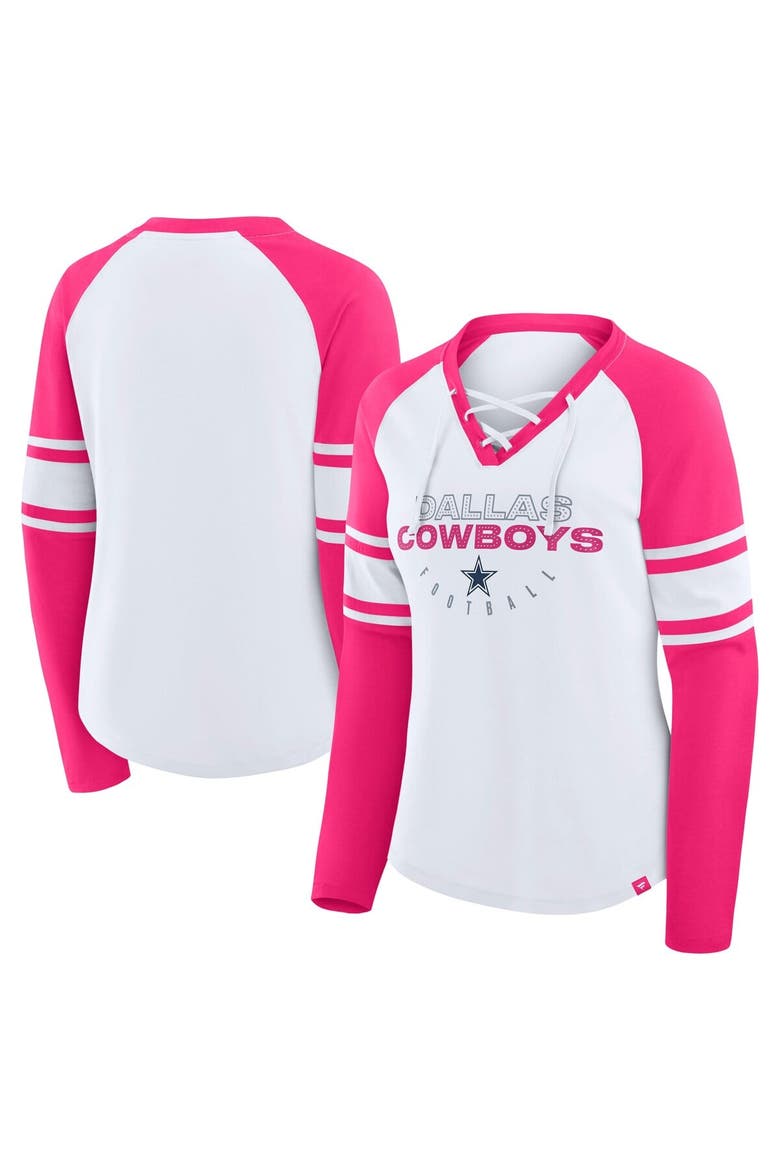 Women's Fanatics White/Pink Dallas Cowboys Redzone Rhinestone Bling Lace Up Long Sleeve T-shirt, Main, color, White