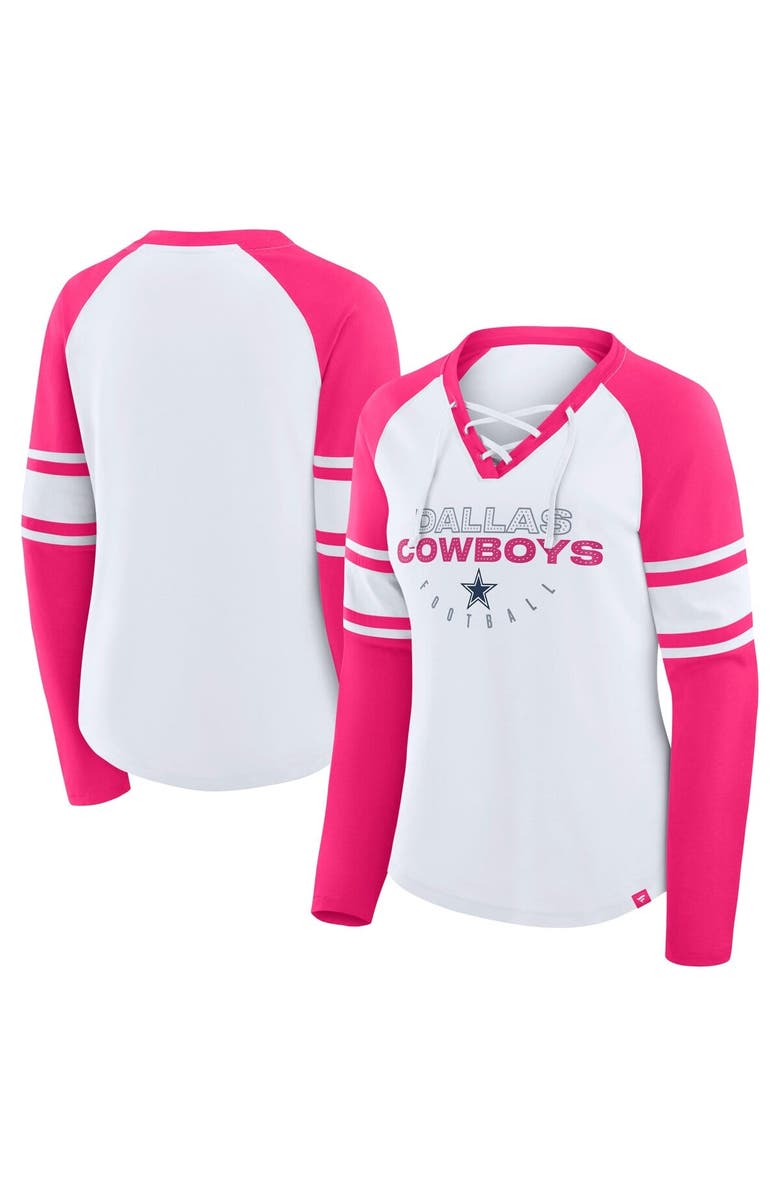 FANATICS Women's Fanatics White/Pink Dallas Cowboys Redzone Rhinestone Bling Lace Up Long Sleeve T-shirt, Main, color, White