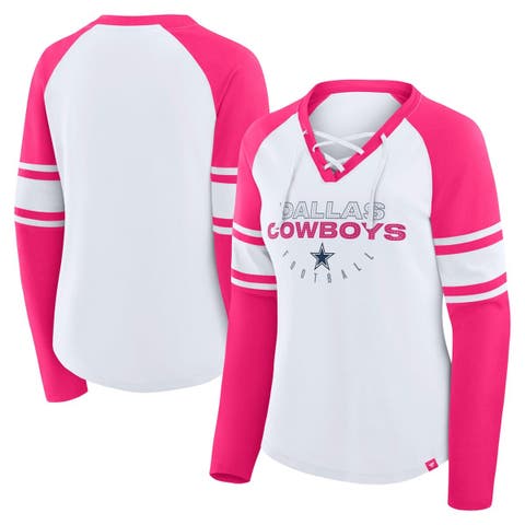 Women's Fanatics White/Pink Dallas Cowboys Redzone Rhinestone Bling Lace Up Long Sleeve T-shirt