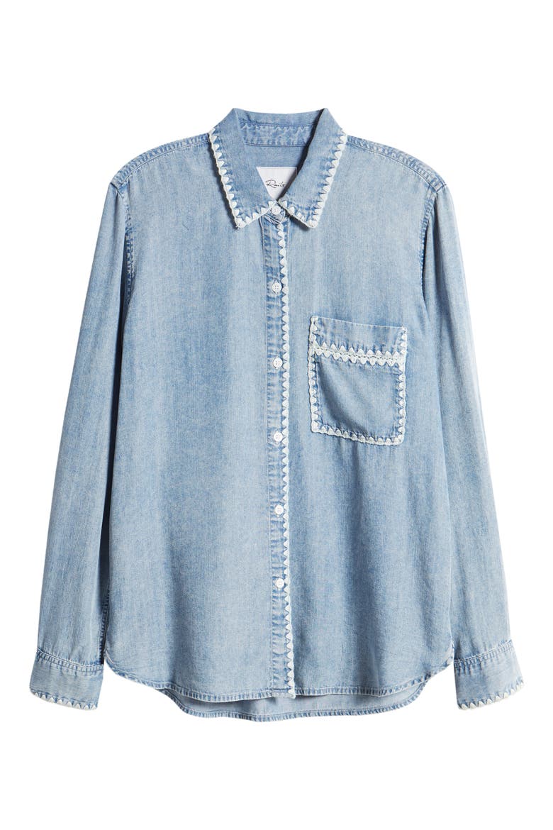 Saya Embroidered Detail Chambray Button-Up Shirt, Alternate, color, MEDIUM CLOUD WASH