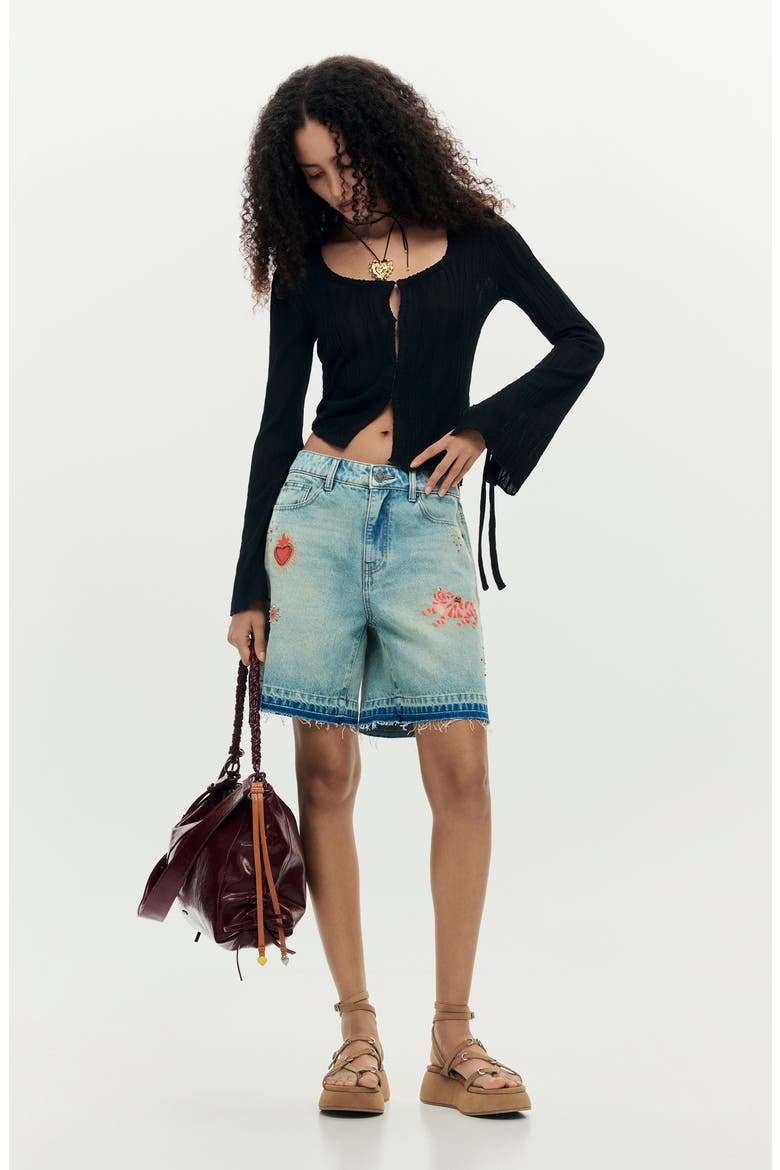 Beaded Appliqué Denim Shorts, Alternate, color, LIGHT BLUE