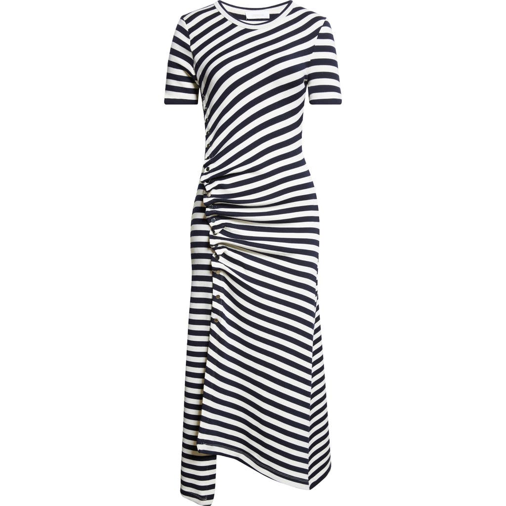 Rabanne Gathered Embellished Striped Wool-blend Midi Dress In Gray