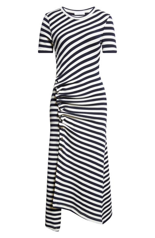Rabanne Gathered Embellished Striped Wool-blend Midi Dress In Multi
