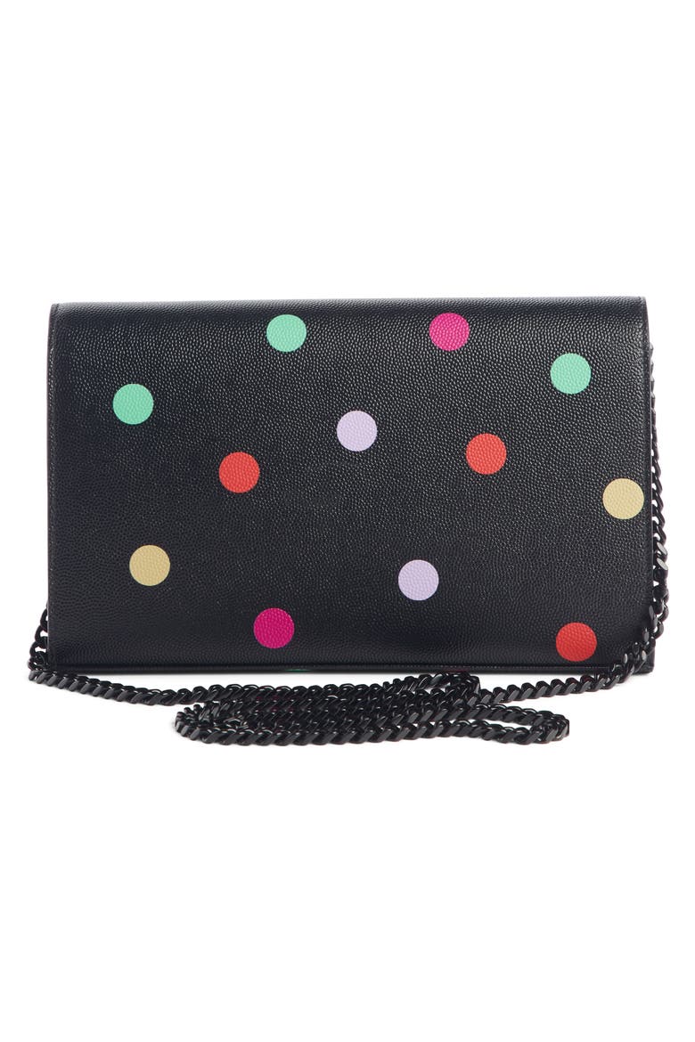 Confetti Print Leather Wallet on a Chain, Alternate, color, NOIR/ MULTI