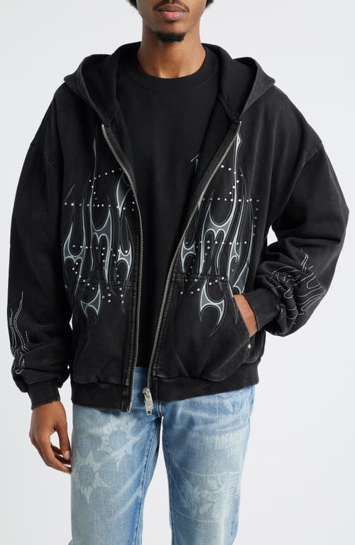 Memory Lane Flame Studded Graphic Zip Hoodie In Black