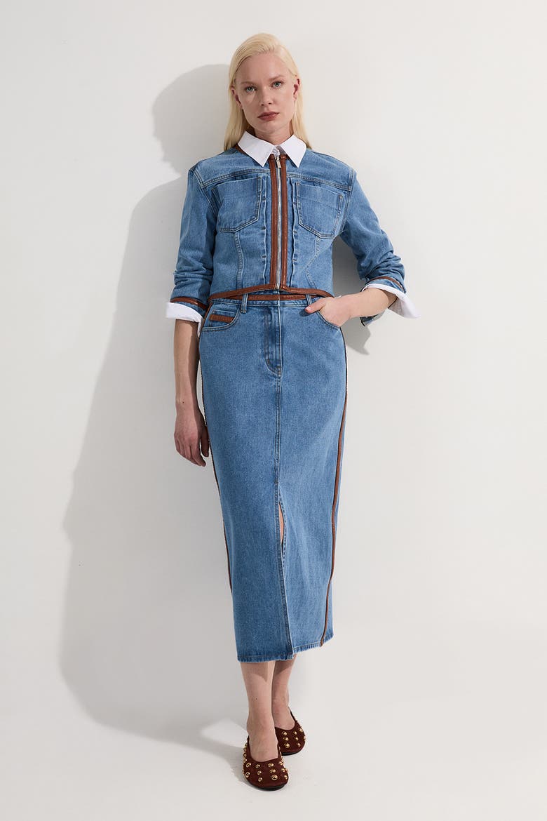 Denim & Leather Collarless Jacket, Main, color, Light Blue