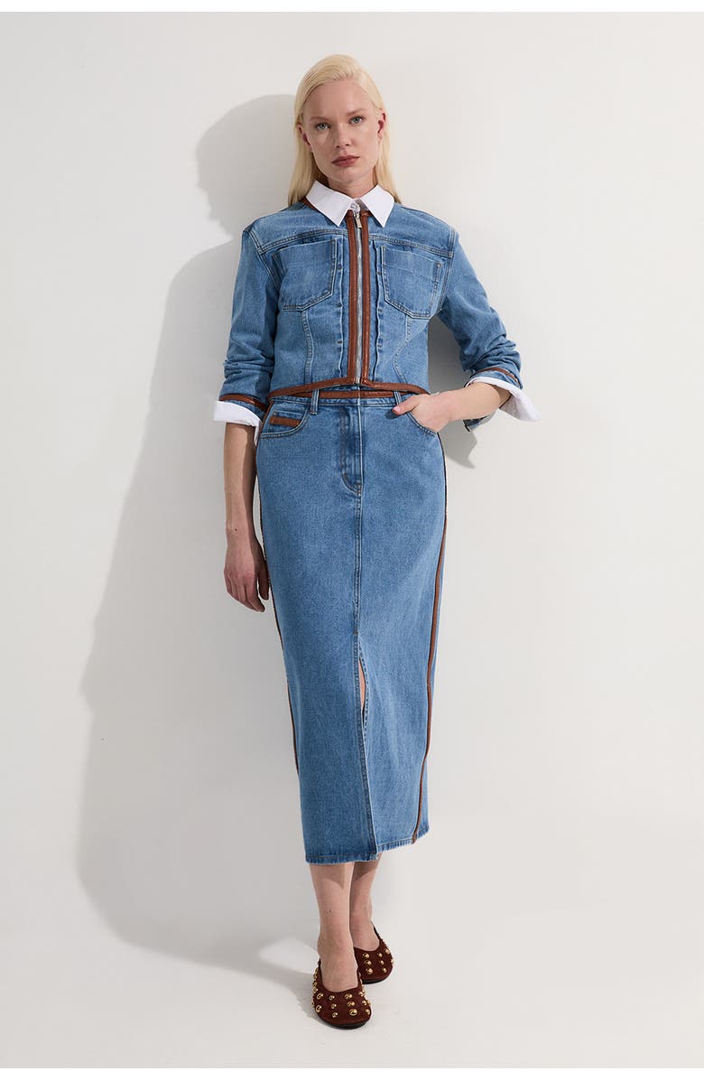 Karen Millen Denim & Leather Collarless Jacket, Main, color, Light Blue