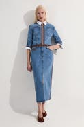 Karen Millen Denim & Leather Collarless Jacket