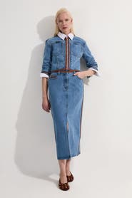 Karen Millen Denim & Leather Collarless Jacket