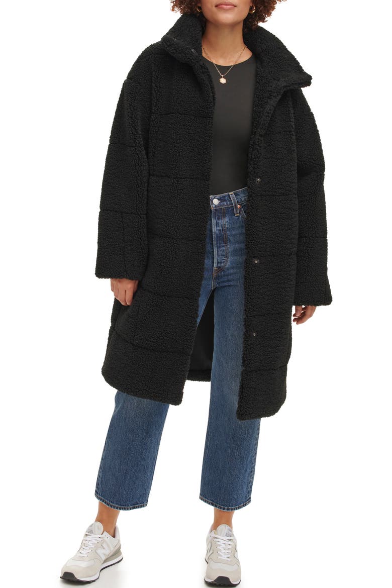 Quilted Fleece Long Teddy Coat, Alternate, color, BLACK