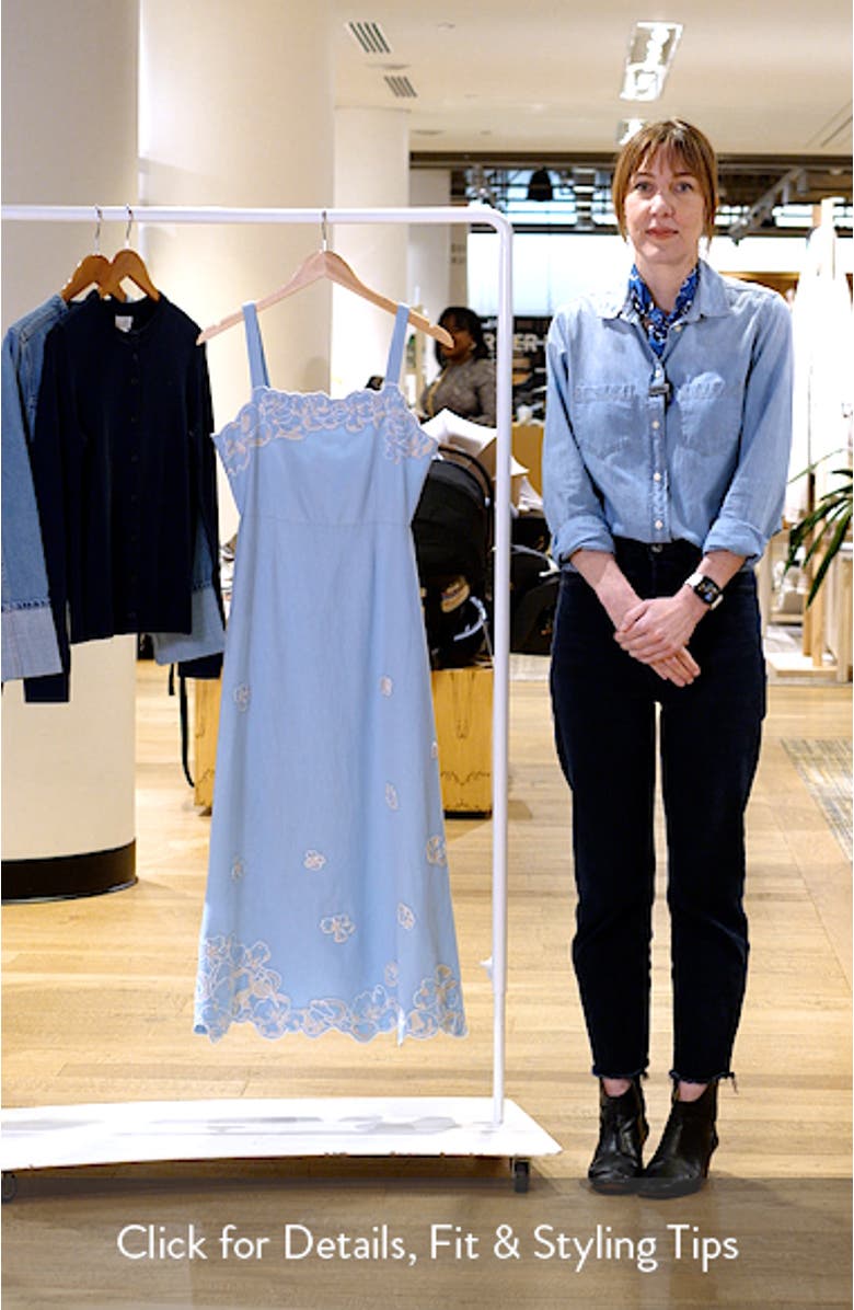 Placed Floral Embroidery Cotton & Linen Chambray Sundress, sales video thumbnail