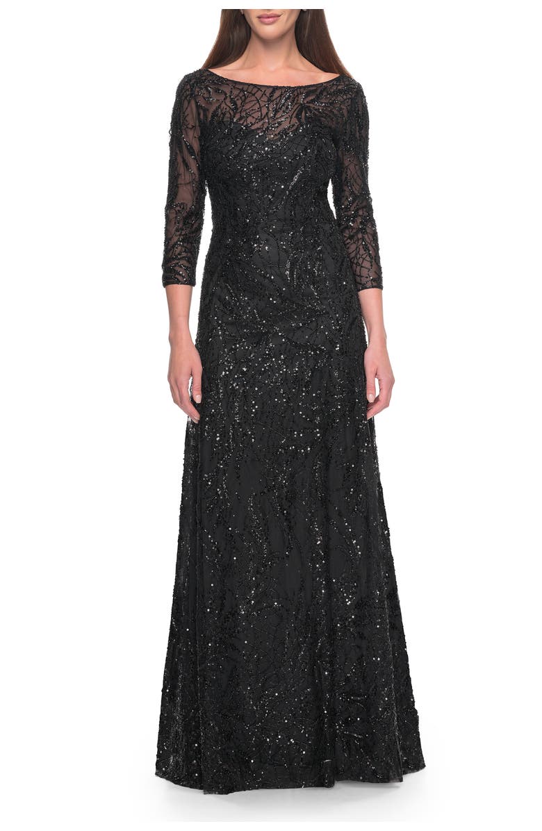 La Femme Beautiful Beaded Long Dress with Illusion Sleeves, Main, color, Black