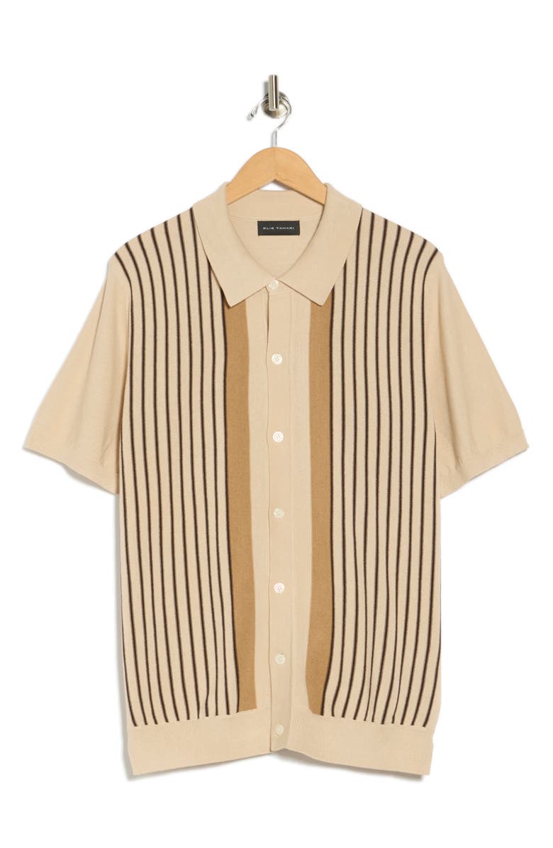 Elie Tahari Stripe Silk & Cotton Blend Polo Sweater, Alternate, color, Sand/ Black Combo