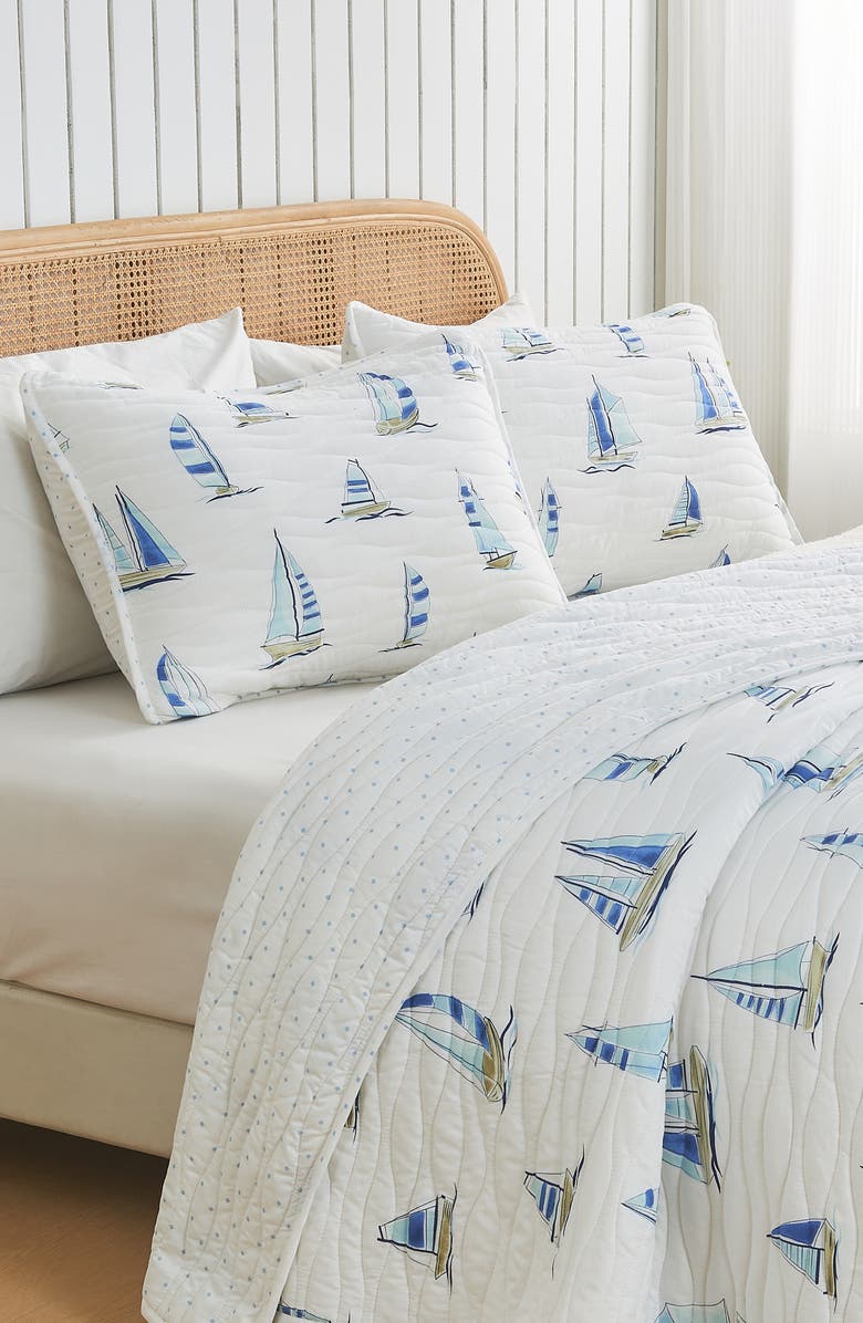 Woven & Weft Sailboat Quilt & Sham Set, Alternate, color, Blue Watercolor Sailboats
