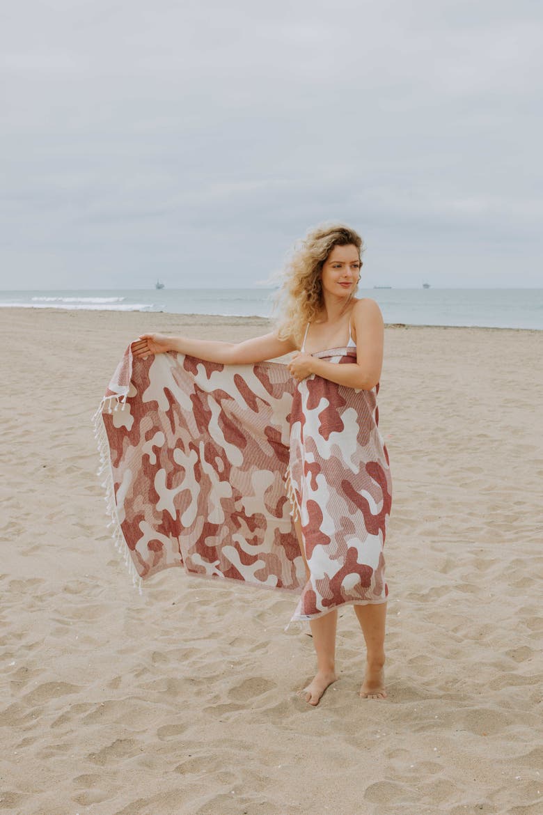 Camo Print Organic Sand Resistant Reversible Turkish Towel, Alternate, color, Burgundy