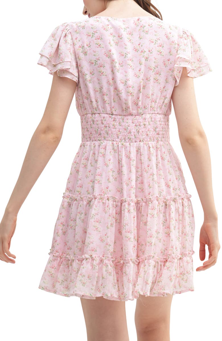 All in Favor Floral Flutter Sleeve Tiered Minidress, Alternate, color, Light Pink Floral