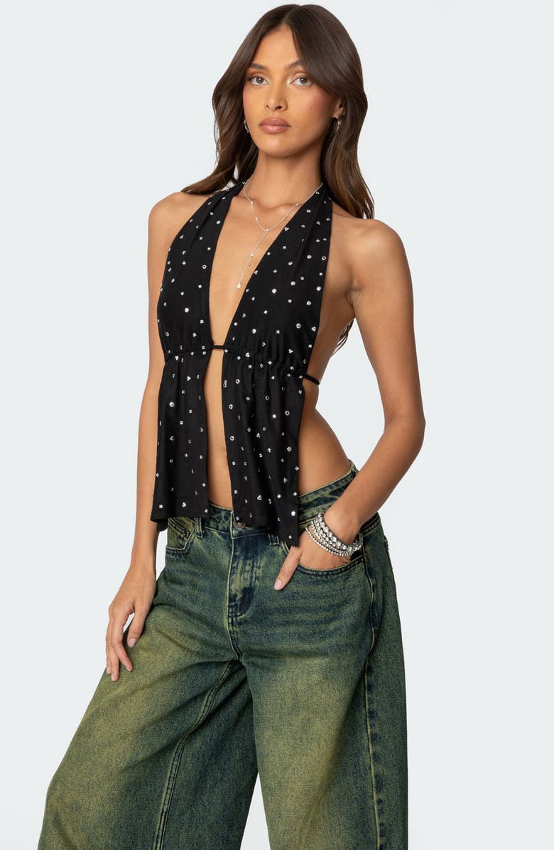 EDIKTED Studded Split Front Open Back Halter Top, Alternate, color, Black