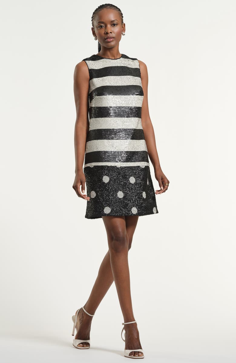 Isaac Mizrahi New York Mixed Print Sequin Shift Dress, Alternate, color, Black White Dot