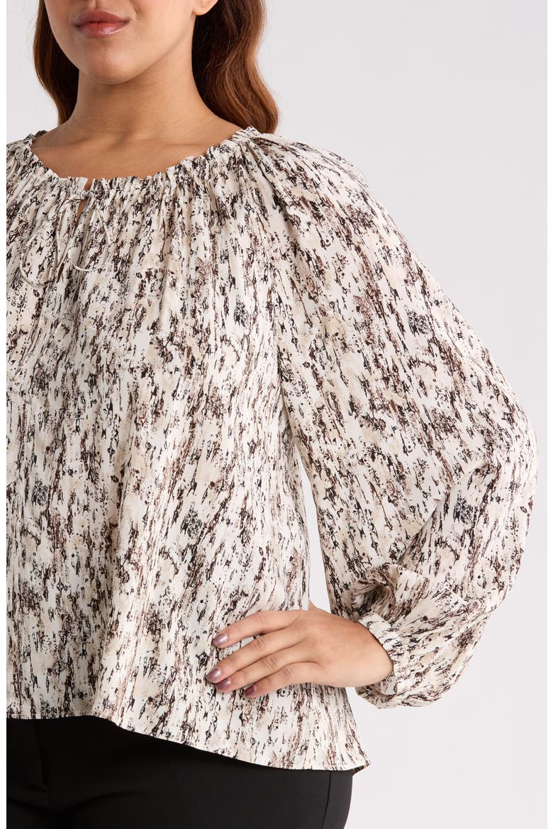 Gathered Tie Neck Top, Alternate, color, IVORY- BROWN TEXTURAL
