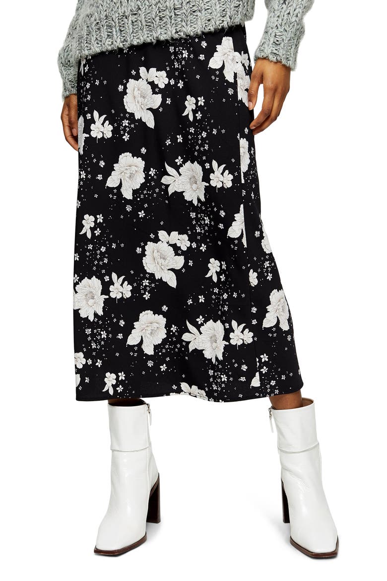 Floral Print Bias Midi Skirt, Main, color, BLACK MULTI