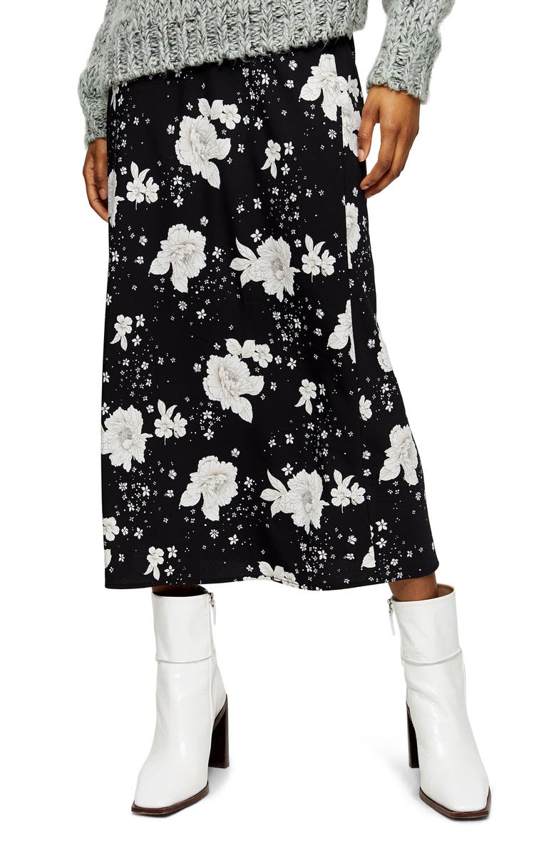 Topshop Floral Print Bias Midi Skirt, Main, color, 