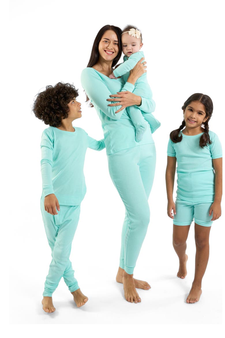 Kids Short Sleeve Cotton Solid Matching Family Pajamas, Alternate, color, AQUA