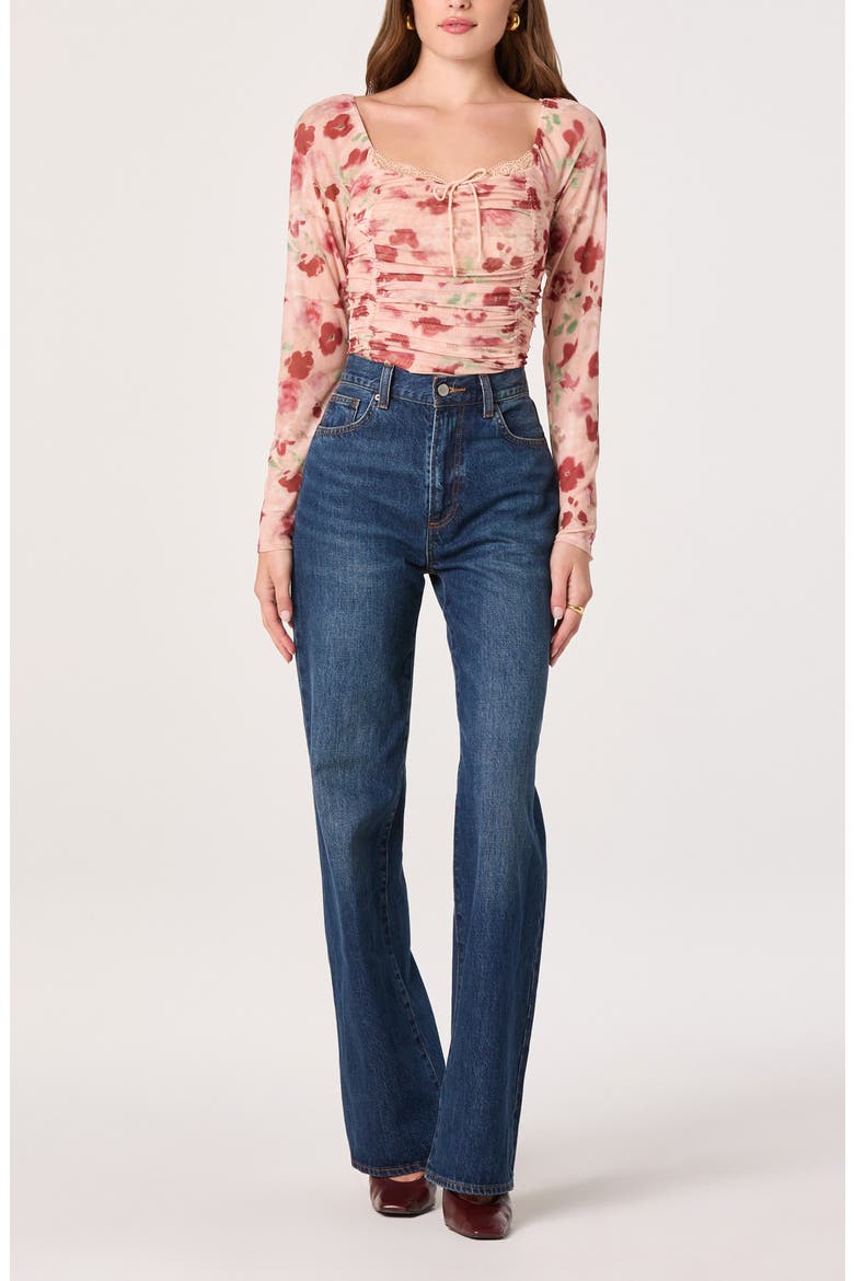 Lace Trim Long Sleeve Ruched Mesh Top, Alternate, color, BEIGE FLORAL