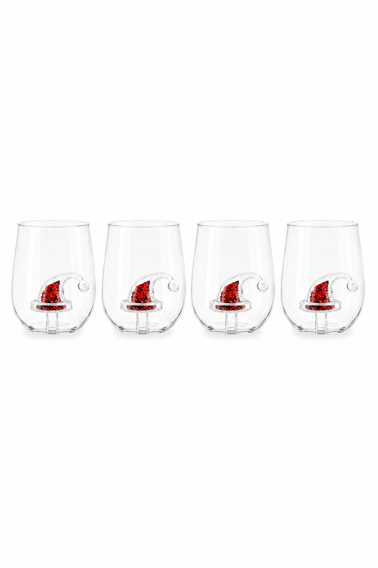 Glitter Christmas Santa Hat Stemless Wine Glass, Set of 4, Alternate, color, Red