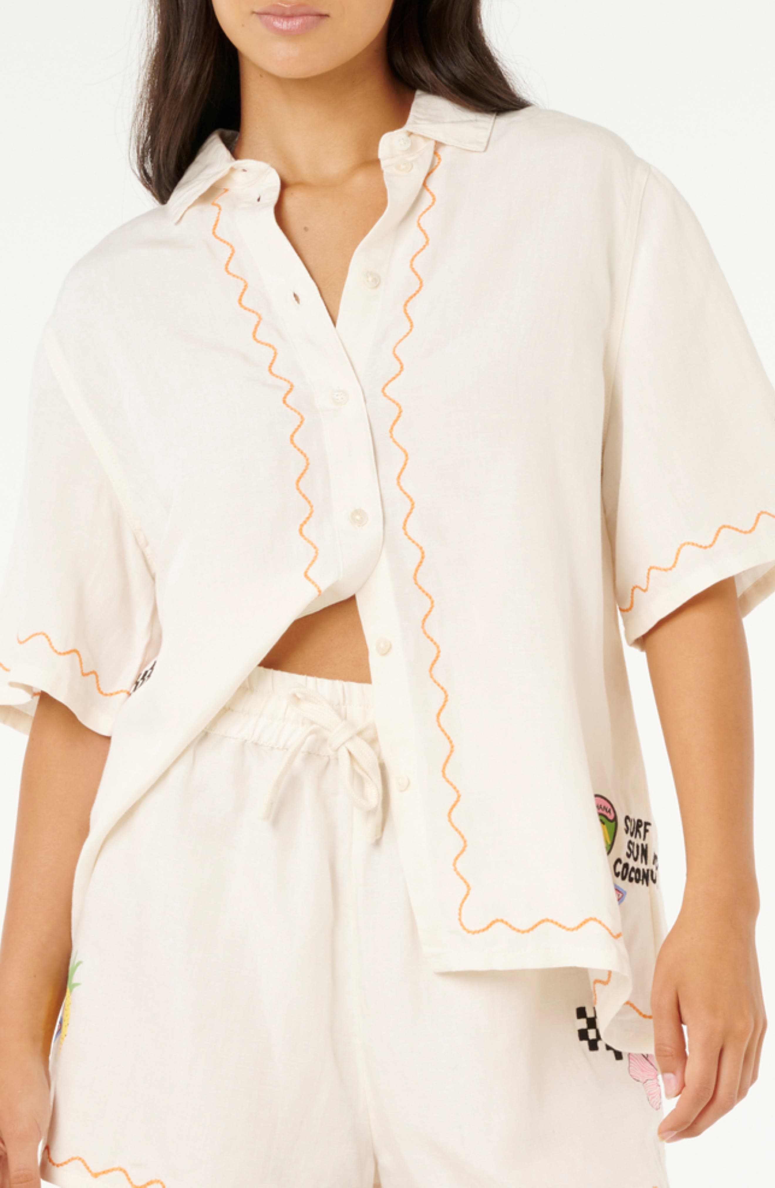 Embroidered Short Sleeve Linen Blend Button-Up Shirt