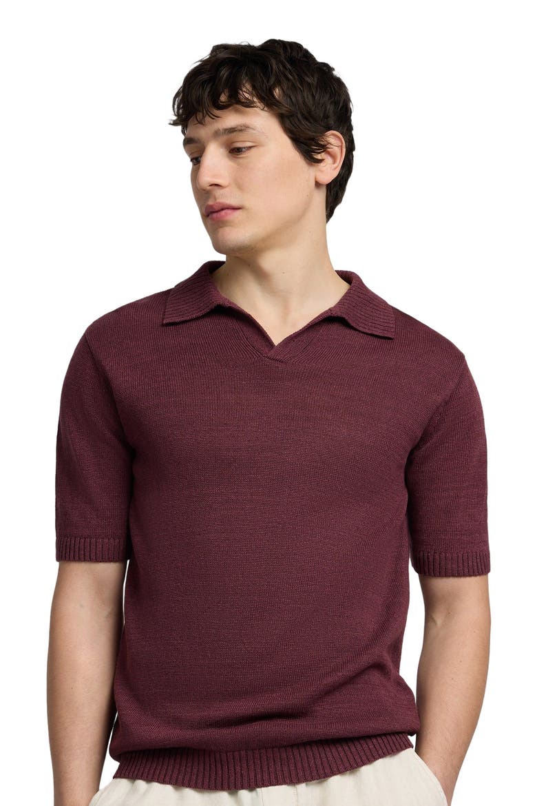 Silk and Linen Short Sleeve Johnny Polo, Alternate, color, Port Wine