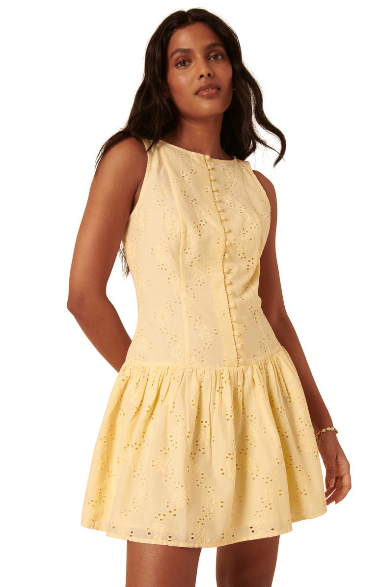 Nobody's Child Claudia Drop Waist Organic Cotton Broderie Anglaise Minidress, Alternate, color, Yellow