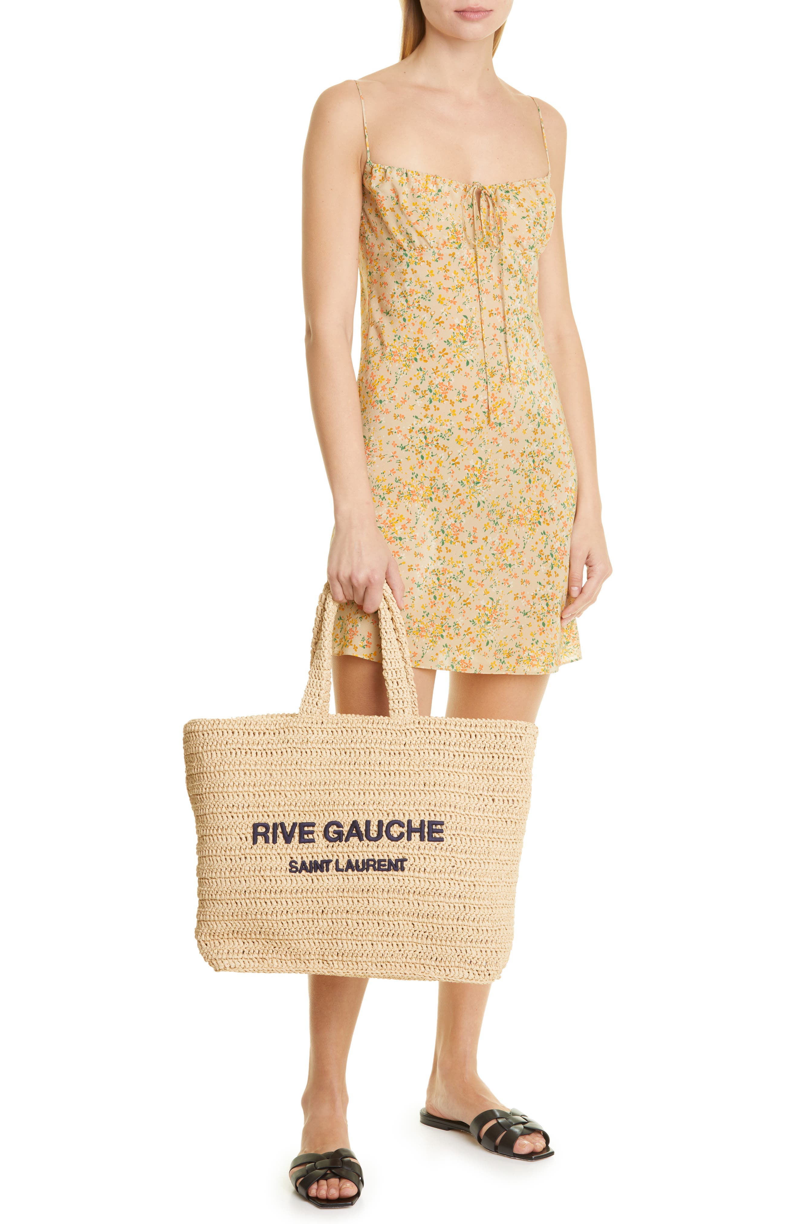Rive Gauche Logo Crochet Tote, Alternate, color, NATURALE/ DEEP MARINE