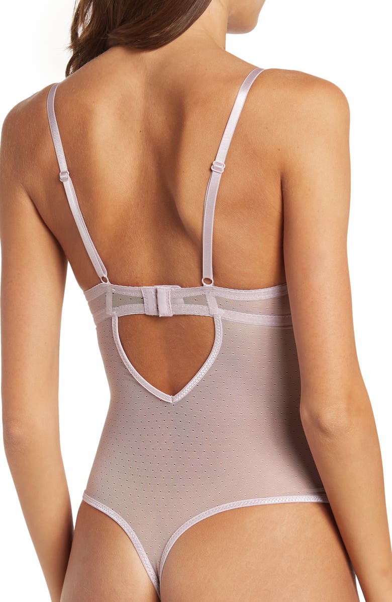 SECRET LACE Floral Lace Peek-A-Boo Bodysuit, Alternate, color, Keepsake Lilac