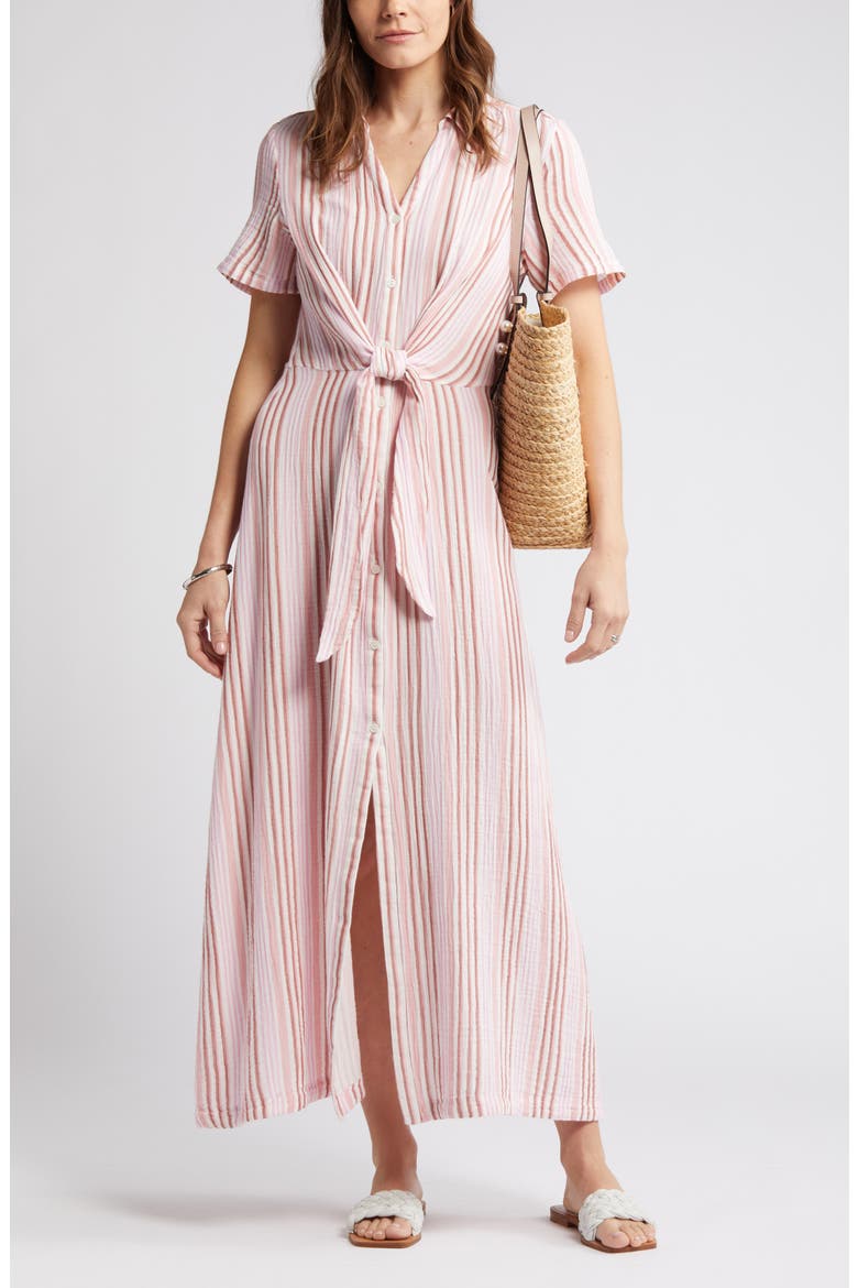 Stripe Cotton Gauze Shirtdress, Main, color, IVORY CLOUD- PINK VERA STRIPE