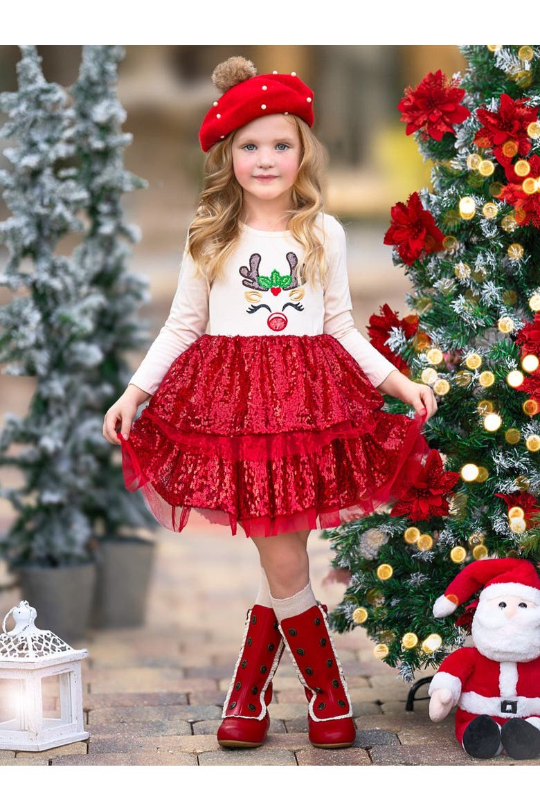 Sparkling Reindeer Sequin Long Sleeve Tutu Dress, Alternate, color, Red