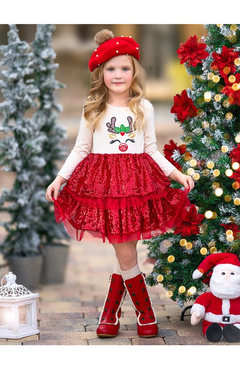Mia Belle Girls Sparkling Reindeer Sequin Long Sleeve Tutu Dress, Alternate, color, Red