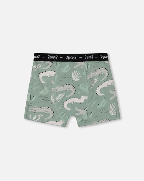 Deux Par Deux Boy's Printed Organic Cotton Boxer Shorts Light Sage And Gray Crocodile In Light Sage And Gray Crocodile