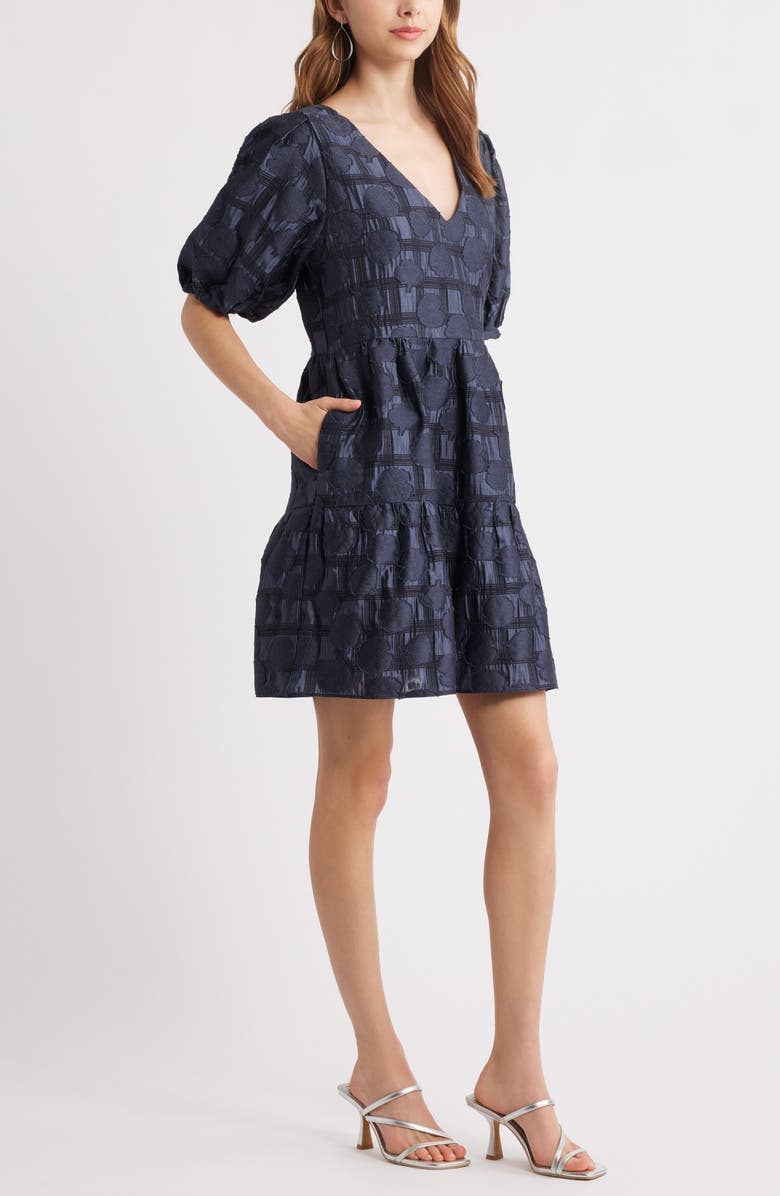 Chelsea28 Puff Sleeve Jacquard Tiered Minidress, Alternate, color, Navy