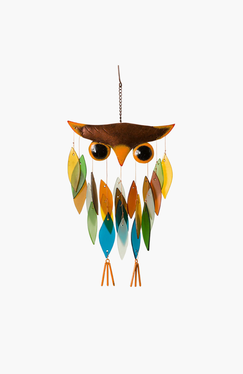 Uncommon Goods Owl Wind Chime In Multicolored Glass Feathers