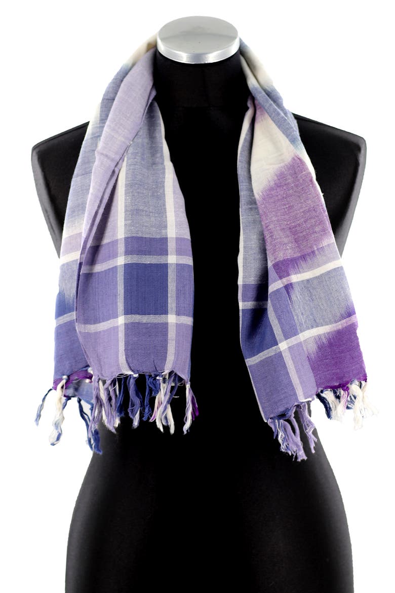 Checkered Print Fringe Trim Scarf, Main, color, BLUE