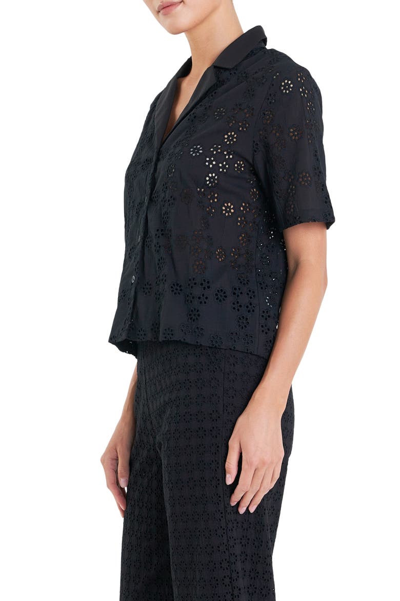 Floral Eyelet Cotton Camp Shirt, Alternate, color, BLACK
