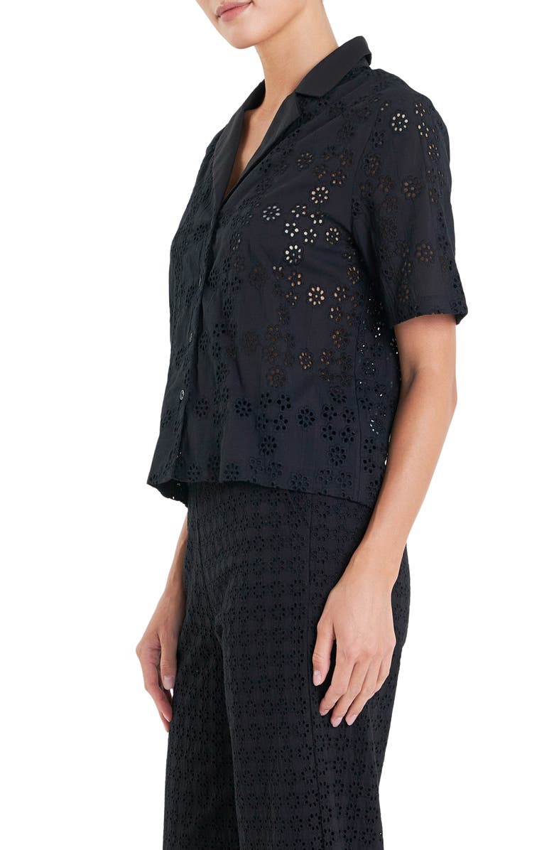 English Factory Floral Eyelet Cotton Camp Shirt, Alternate, color, Black