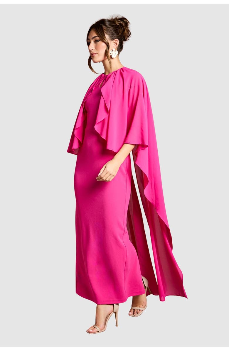 Coast Ruffle Chiffon Cape Crepe Maxi Dress, Main, color, Fuchsia