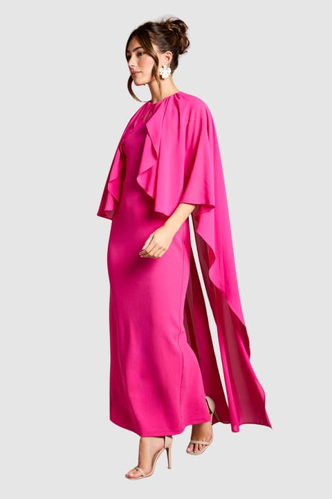 Ruffle Chiffon Cape Crepe Maxi Dress