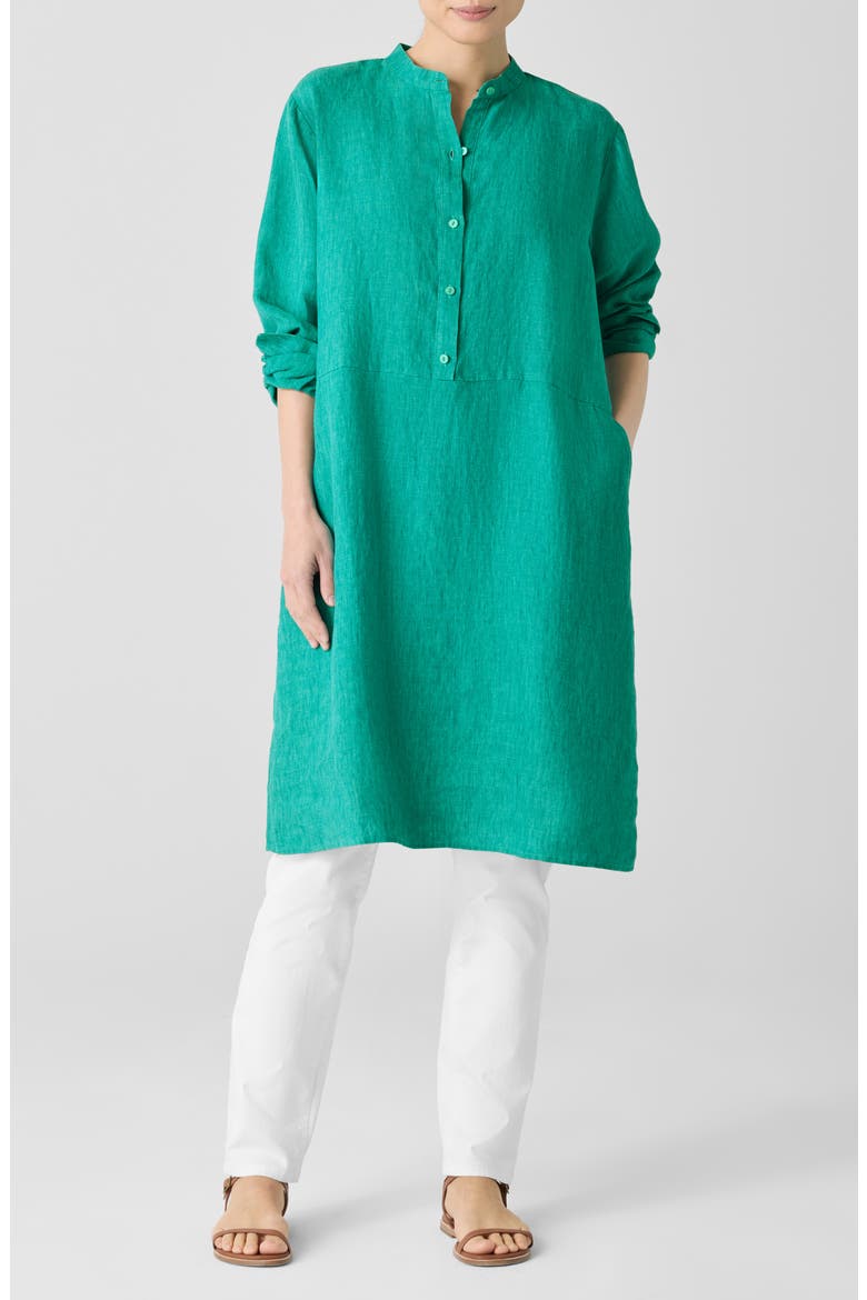 Long Sleeve Organic Linen Shift Shirtdress, Main, color, JADE