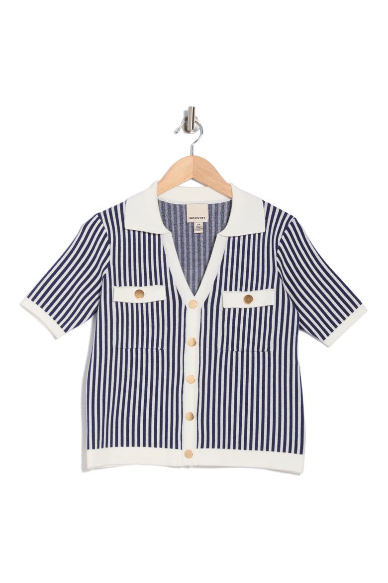 Stripe Short Sleeve Polo Cardigan, Alternate, color, NAVY/ WHITE