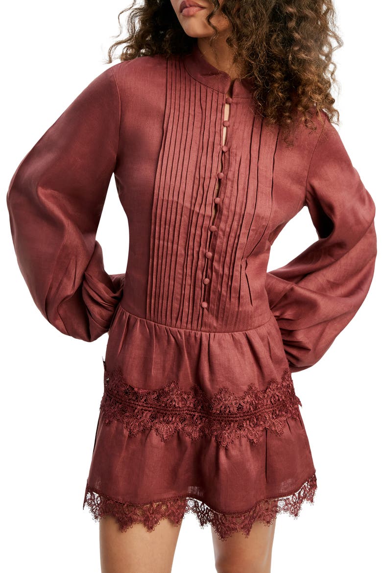 Antonia Lace Trim Long Sleeve Linen Minidress (Women) | Nordstrom