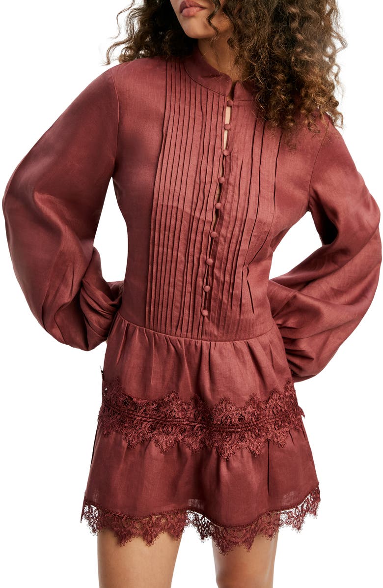 Bardot Antonia Lace Trim Long Sleeve Linen Minidress, Alternate, color, Chestnut