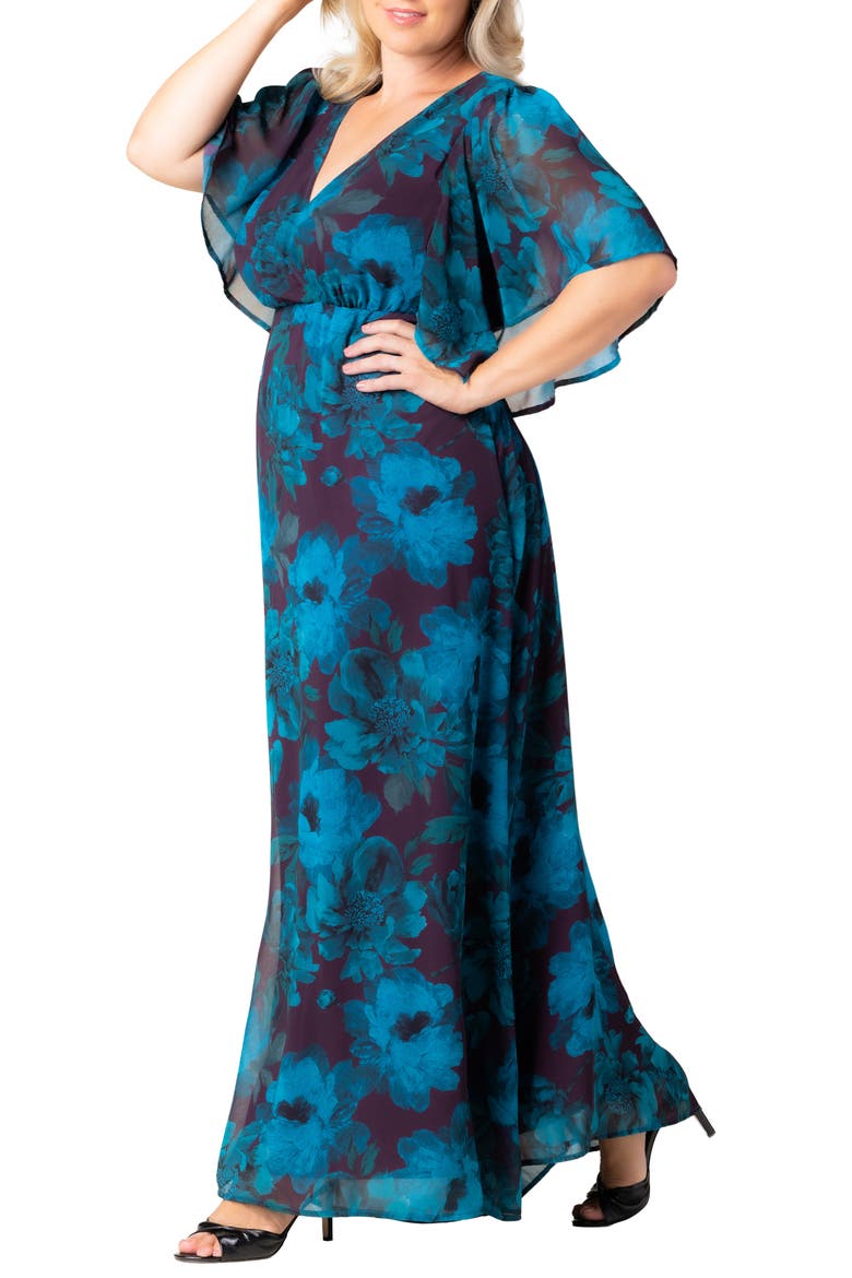 Carmella Flutter Sleeve Gown, Alternate, color, TEMPTING TEAL FLORALS